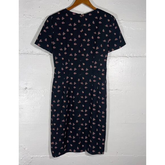 Vintage Maggie London Black Floral Dress Sheath Short Sleeve Lined Size M 90s - Picture 7 of 13